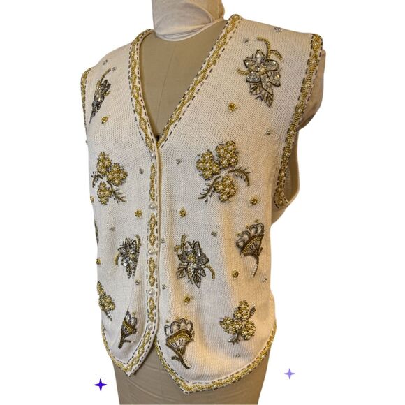 Claudia D Holiday Sweater Vest Women's XL Cream Pearl Gold Silver Beads Christma - Picture 5 of 10